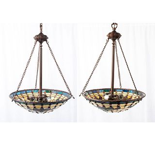Stained Glass Mosaic Hanging Bowl Pendant Lamp, Pair