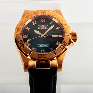 Invicta Pro Diver Black Leather Rose Gold-Tone Quartz Watch