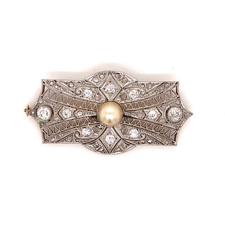 Art Deco Platinum 18k Diamond Pearl Brooch