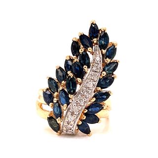 14k Sapphire Diamond Leaf Motif Ring