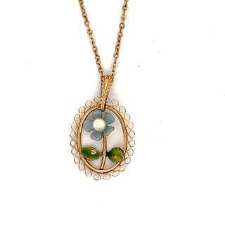 9k Art Nouveau Krementz Flower Pearl Enamel NecklaceÂ 