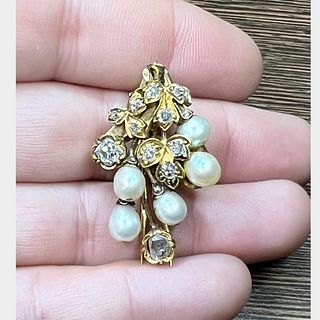 Victorian 18K Natural Pearl and Diamond Brooch