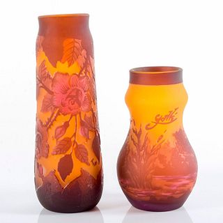 Set of 2 Galle Style Cameo Glass Vases