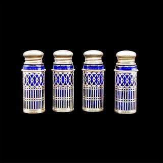 4pc Vintage Silver Plate Cobalt Blue Glass Shakers