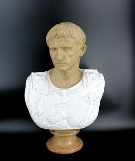 Large Antique Glazed Terracotta Bust Of Caesar.
