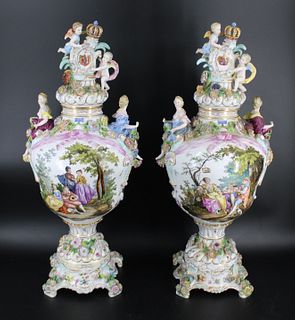 Dresden Porcelain Pr Of Large 19th Century Lidded