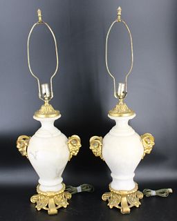 A Pair Of Bronze Mounted White Marble Urn Form