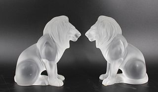 A Pair Of Lalique France "Bamara" Glass Lions.