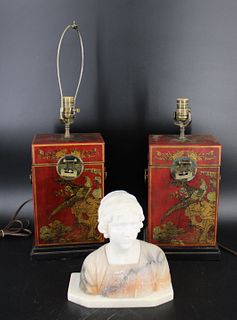 2 Antique Leather Wrapped Chinoiserie Lamps &
