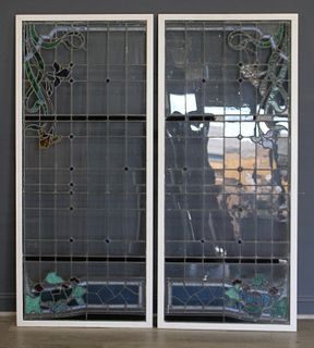 4 Vintage And Large Framed Leaded Glass Panels.