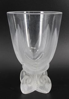 Lalique France Glass Vase With Feathers & Scroll