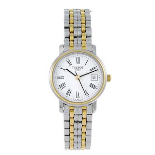TISSOT - a lady's bracelet watch. Stainless steel case with gold plated bezel. Reference T825/925, s