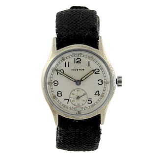 MOERIS - a gentleman's military issue wrist watch. Base metal case, stamped with British broad arrow