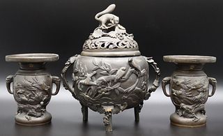 Japanese Meiji Style Bronze Incense Burner & Urns.