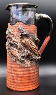 Signed Asian Glazed Terracotta Pitcher with Dragon