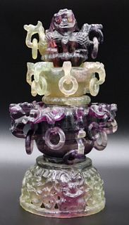 Asian Carved Green and Purple Fluorite Censer.