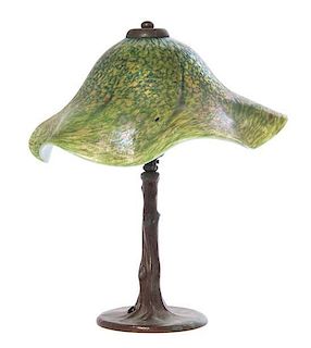 An American Studio Glass Table Lamp, Lundberg Studios, Height overall 13 1/2 x diameter of shade 12 3/8 inches.