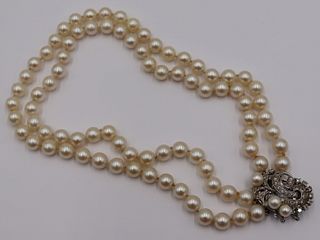 JEWELRY. Double Strand Pearl Necklace with 14kt