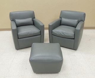 Pair of A. Rudin Leather Club Chairs & Ottoman.