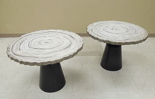 Pair of Stone Top Tables with Tree Ring Design. 