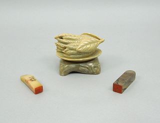 (3) Chinese Carved Soapstone Scholar Objects