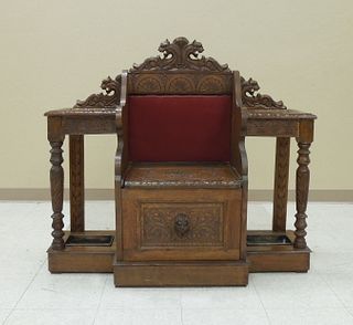 Carved Oak Hall Chair with Umbrella Stands.