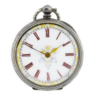 An open face pocket watch. White metal case, stamped 0,935 with poincon. Unsigned key wind Swiss bar