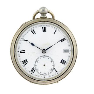 An open face pocket watch. Base metal case, stamped P.W.A. Unsigned key wind three quarter plate mov