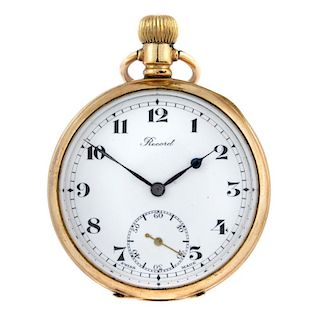An open face pocket watch by Record. Gold plated case. Signed keyless wind seven jewel movement with