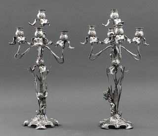 Lazarus Posen Art Nouveau Silver Candelabra, Pair