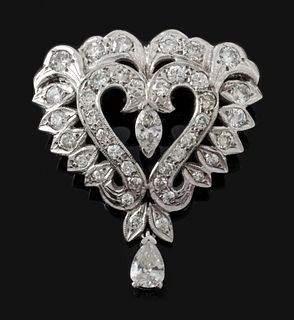 Edwardian Attr. 14K Gold Diamond Heart Drop Brooch