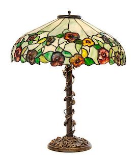 A John Morgan and Sons Leaded Glass Table Lamp, Height overall 24 x diameter of shade 20 1/8 inches.