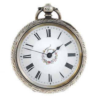 An open face pocket watch. Silver case, hallmarked Birmingham 1884. Unsigned key wind Swiss bar move