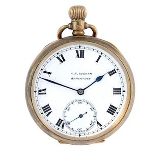 An open face pocket watch by K.R Ingram. 9ct yellow gold case with engraved cuvette, hallmarked Birm