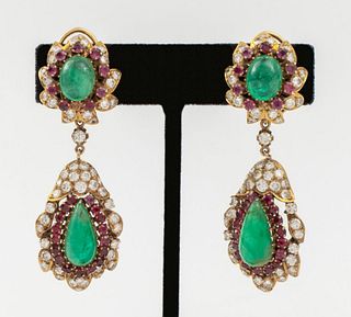 Vintage 14K Gold Diamond Emerald Ruby Ear Clips