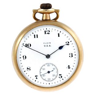 An open face pocket watch by Elgin. Gold plated case. Numbered 6229728. Signed keyless wind movement
