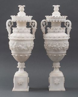 Charles X French Carved Alabaster Urns, Pair