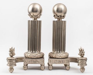 Large Louis XVI Style Silver-Toned Andirons, Pr