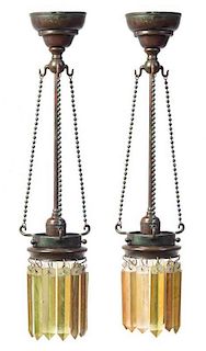 A Pair of Tiffany Studios Gold Favrile Glass and Bronze Prism Chandeliers, Height overall 22 1/2 inches, length of prisms 5 inch
