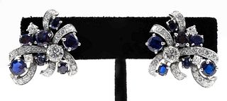 Retro Platinum Diamond & Sapphire Cluster Earrings