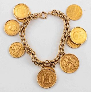 Antique 22K & 14K Yellow Gold Coin Charm Bracelet