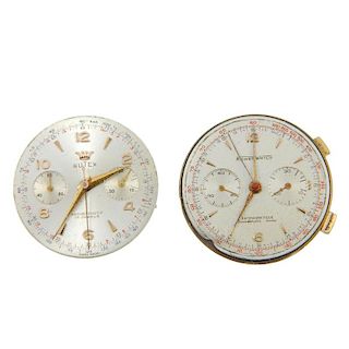 A pair of chronograph watch movements, by Butex and Rower, both with dials. Recommended for spares a
