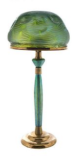An Austrian Art Nouveau Loetz Glass and Gilt Metal Mounted Lamp, designed by Leopold Bauer, Height overall 29 x diameter of shad
