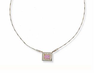 A synthetic pink sapphire and diamond necklace