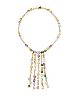 A multicolored gemstone and diamond fringe necklace