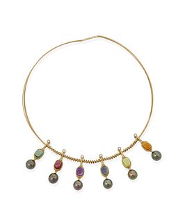 A diamond, Tahitian cultured pearl and gemstone necklace