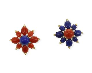 A pair of coral and lapis flower ear clips