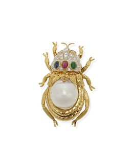 A South Sea cultured pearl and gem-set beetle brooch
