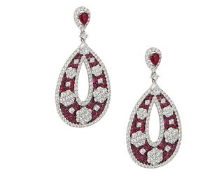 A pair ruby and diamond ear pendants