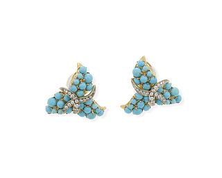 A pair of turquoise and diamond ear clips
